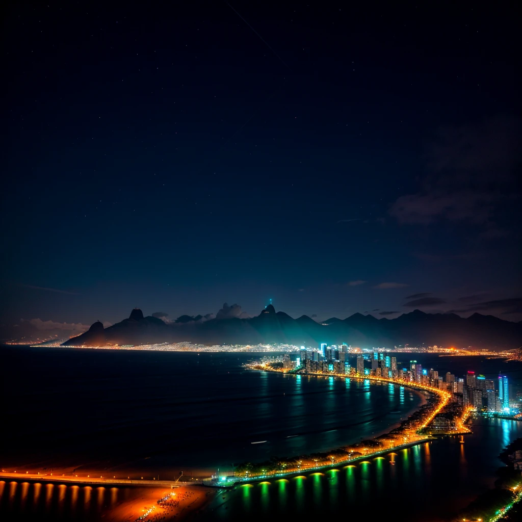 night rio de janeiro beach, nightview, neon lights, cyberpunk city, night
