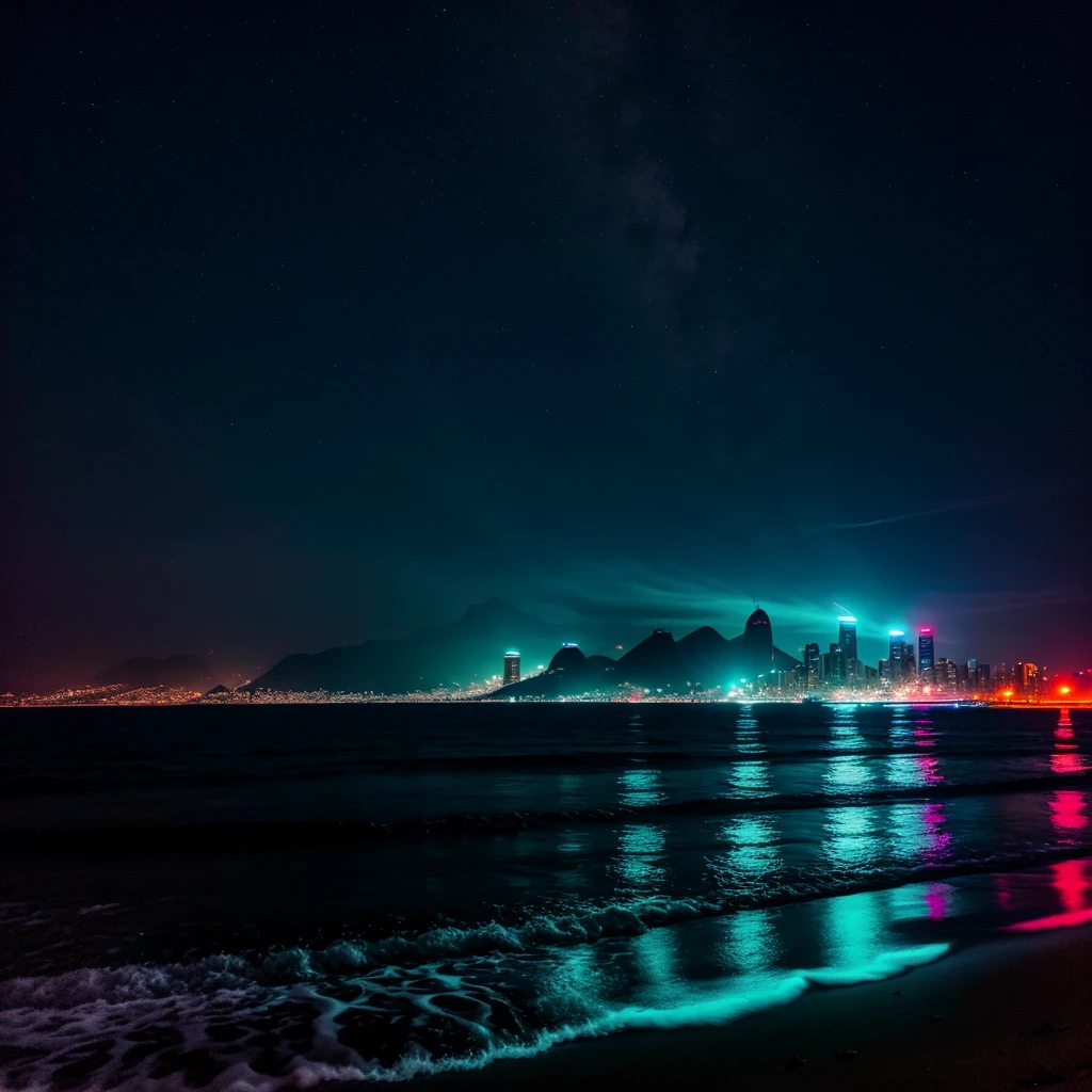 night rio de janeiro beach, nightview, neon lights, cyberpunk city, night