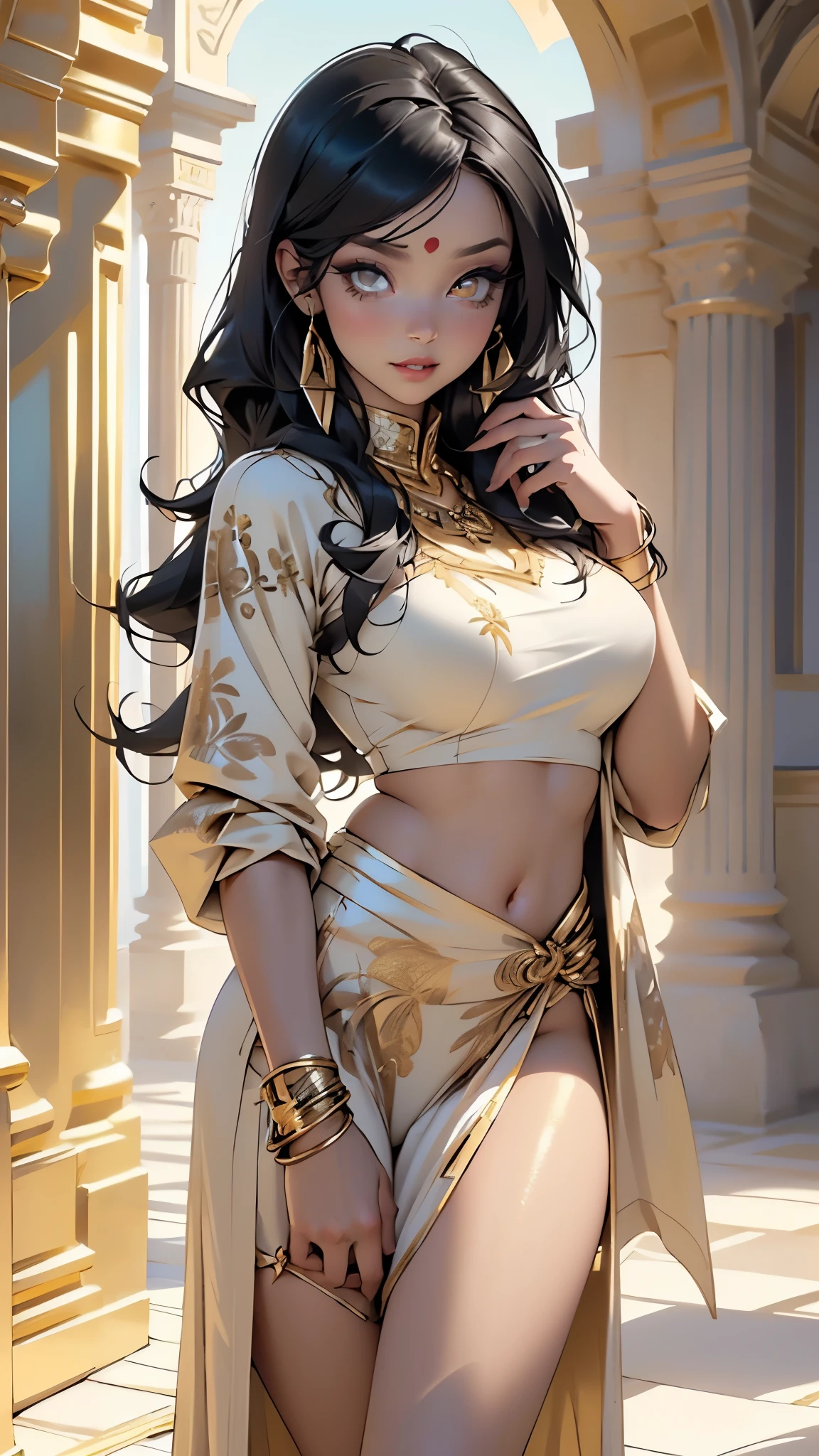 woman,1female,((milf,mom,mature,mature woman,45 years old female,adult)),((((indian girl)))),(large breasts:1.5),saggy breasts,(((black hair:1.4,dark hair,straight hair,long hair:1.4,colored inner hair))),(((gold_eyes:1.3))),intricate eyes,beautiful detailed eyes,symmetrical eyes,((((dark skin:1.4,lustrous skin:1.5,bright skin: 1.5,skin tanned,shiny skin,very shiny skin,shiny body,illuminated skin)))),(spider lower abdomen,narrow waist,wide hip,bimbo body,inflated legs,thick thighs),(((detailed face))),
(cute,slutty,sensual,seductive look,seductive,((erotic)),opulent,sumptuous,longingly,(nsfw)),
queen,goddess,fantasy,(arabian clothes, harem outfit, arabian dancing girl,belly dancer outfit,slave,leia slave outfit,jewelry,sheer loincloth, pelvic curtain, midriff, bracelets,),((eyeshadow,elegant makeup,eyelid makeup,gold lips,gold lipstick)),((Transparent cloth:1.1)), (((Sexy coat, coat outfit, wearing a coat:1.3,arab coat))),(arabian jewelry,intricate necklace),(((intricate outfit,intricate clothes,embroidered outfit,ornate outfit))),
(dynamic pose:1.0),embarrassed,(centered,scale to fit dimensions,Rule of thirds),
indoors,(huge columns of an Arab palace,arab palace,arab palace background),scenery,extremely scenery,arab style,
(Glossy arab ornaments),highres,sharp focus,(ultra detailed,extremely detailed),(photorealistic artwork:1.37),(extremely detailed CG unity 8k wallpaper),(((vibrant colors,vibrant theme))),(intricate),(masterpiece),(best quality),artistic photography,(photography taken by sldr),(intricate background),perfect rendered face,perfect face details,realistic face,photo realistic,((intricate detail)),(((realism))),