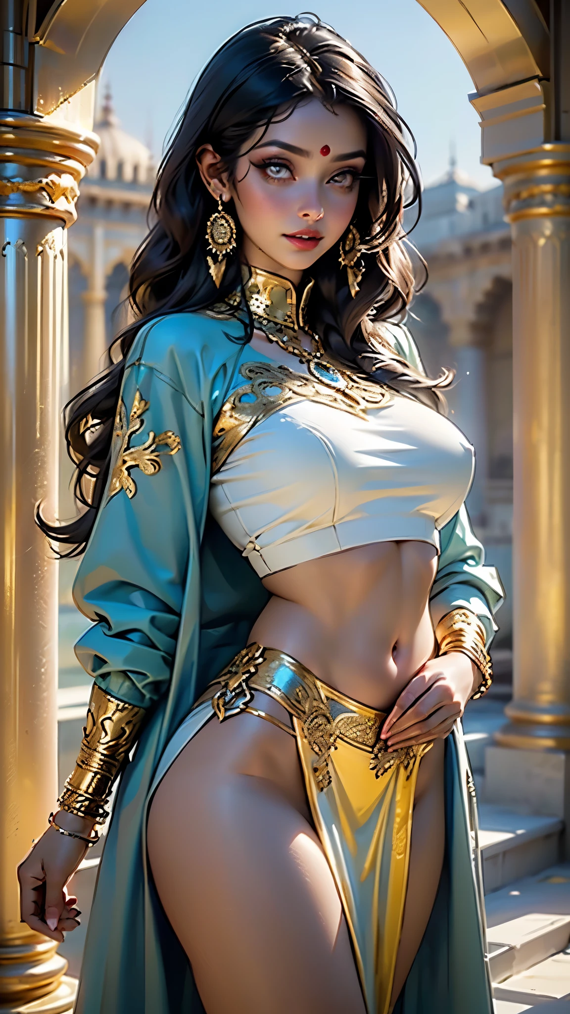 woman,1female,((milf,mom,mature,mature woman,45 years old female,adult)),((((indian girl)))),(large breasts:1.5),saggy breasts,(((black hair:1.4,dark hair,straight hair,long hair:1.4,colored inner hair))),(((gold_eyes:1.3))),intricate eyes,beautiful detailed eyes,symmetrical eyes,((((dark skin:1.4,lustrous skin:1.5,bright skin: 1.5,skin tanned,shiny skin,very shiny skin,shiny body,illuminated skin)))),(spider lower abdomen,narrow waist,wide hip,bimbo body,inflated legs,thick thighs),(((detailed face))),

(cute,slutty,sensual,seductive look,seductive,((erotic)),opulent,sumptuous,longingly,(nsfw)),

queen,goddess,fantasy,(arabian clothes, harem outfit, arabian dancing girl,belly dancer outfit,slave,leia slave outfit,jewelry,sheer loincloth, pelvic curtain, midriff, bracelets,),((eyeshadow,elegant makeup,eyelid makeup,gold lips,gold lipstick)),((Transparent cloth:1.1)), (((Sexy coat, coat outfit, wearing a coat:1.3,arab coat))),(arabian jewelry,intricate necklace),(((intricate outfit,intricate clothes,embroidered outfit,ornate outfit))),

(dynamic pose:1.0),embarrassed,(centered,scale to fit dimensions,Rule of thirds),

indoors,(huge columns of an Arab palace,arab palace,arab palace background),scenery,extremely scenery,arab style,

(Glossy arab ornaments),highres,sharp focus,(ultra detailed,extremely detailed),(photorealistic artwork:1.37),(extremely detailed CG unity 8k wallpaper),(((vibrant colors,vibrant theme))),(intricate),(masterpiece),(best quality),artistic photography,(photography taken by sldr),(intricate background),perfect rendered face,perfect face details,realistic face,photo realistic,((intricate detail)),(((realism))),
