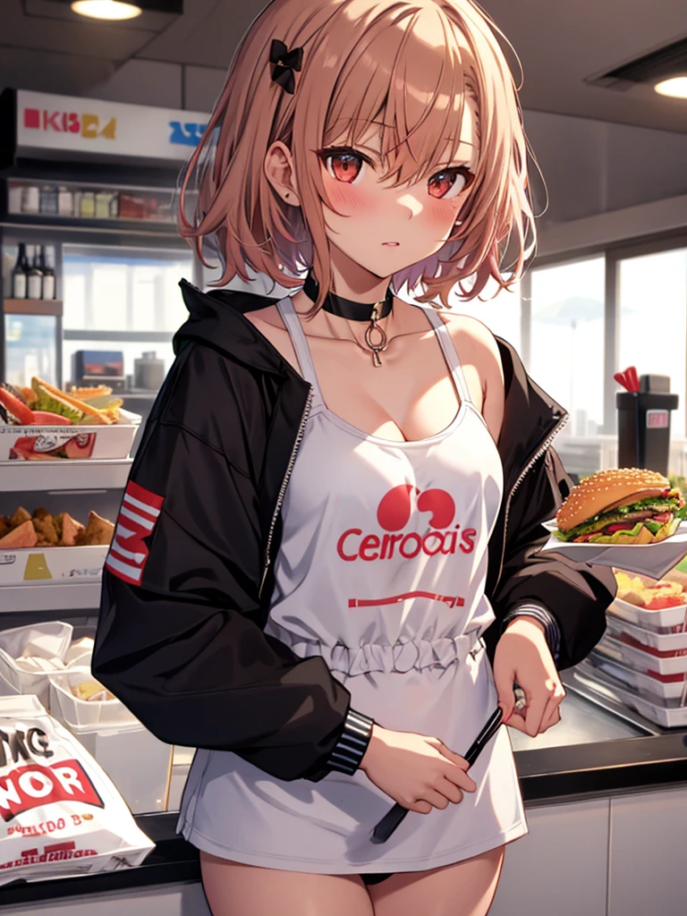 NSFW, Soft cream, cute, Pitiful, Girl, short hair, Beach House, Swimwear, counter, Fast food clerk, Fast Food Worker, Misaka Mikoto, 1girl, black choker, uhd, retina, masterpiece, ccurate, anatomically correct, textured skin, super detail, high details, high quality, best quality, highres, 4K