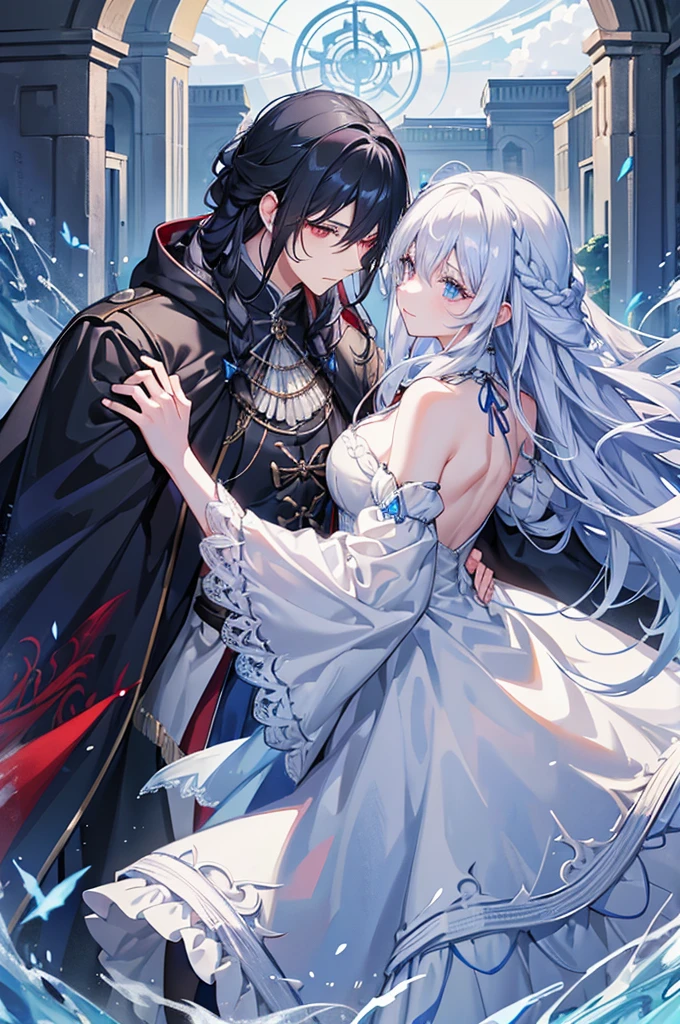 A man with black hair and red eyes is embracing a woman with white hair and blue eyes、Long, fluffy wavy hair、Braiding、blue and white lace dress、Garter Ring、The man is wearing a cloak、Fantasy