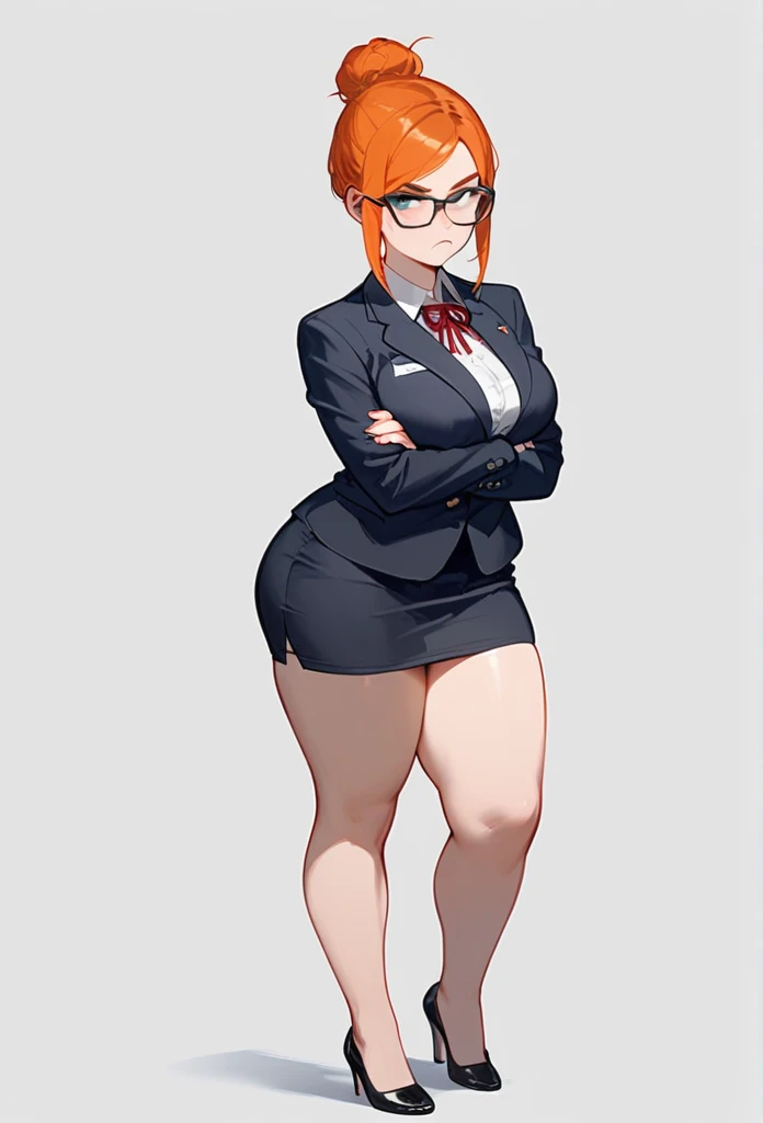 pale adult woman, large breasts, very thick thighs, wide hips, short ginger hair in a sleek hairbun, glasses, tight black blazer, tight black pencil skirt, thick thighs pressed together, wearing small black high heels, bored expression, strict teacher, facing forward, standing, legs and feet shown in the photo, crossing arms under her chest, she looks over her shoulder, she notices cum on her ass, angry
