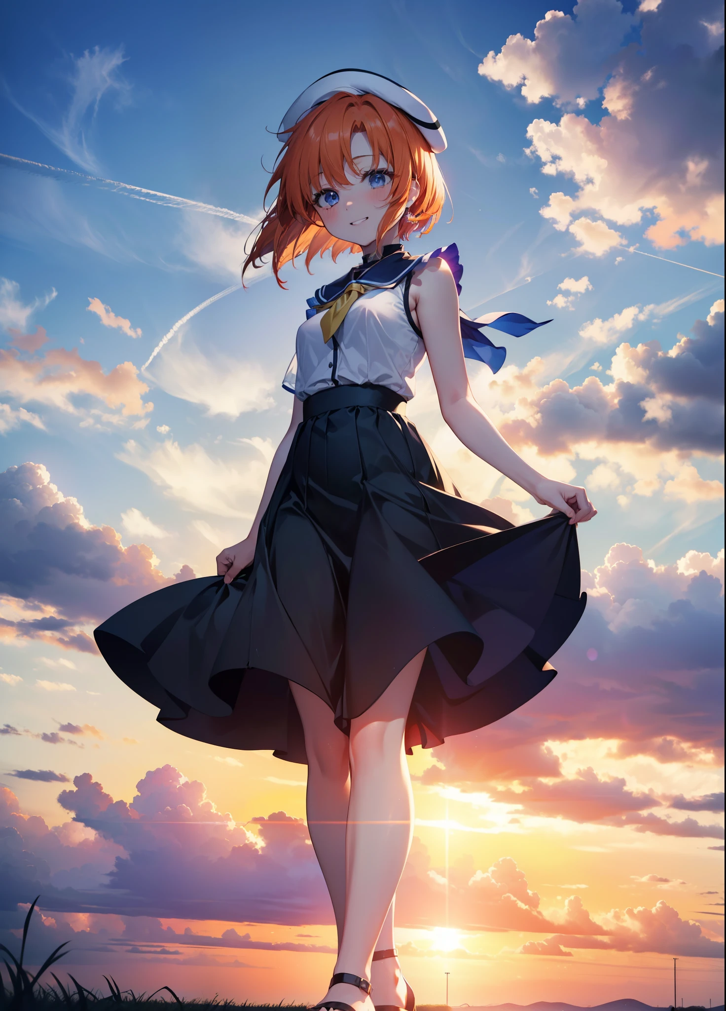kidney, Rena Ryuuguu, Orange Hair, short hair, blue eyes, smile, blush,Grin,(Small breasts:1.2),beret,Sleeveless dress,Long skirt,Heeled Sandals,morning,morning陽,The sun is rising,Paddy field,walking,whole bodyがイラストに入る,
壊す looking at viewer,whole body,
Destroy outdoors, Destroy the countryside (masterpiece:1.2), Highest quality, High resolution, unity 8k wallpaper, (shape:0.8), (Beautiful attention to detail:1.6), Highly detailed face, Perfect lighting, Extremely detailed CG, (Perfect hands, Perfect Anatomy),