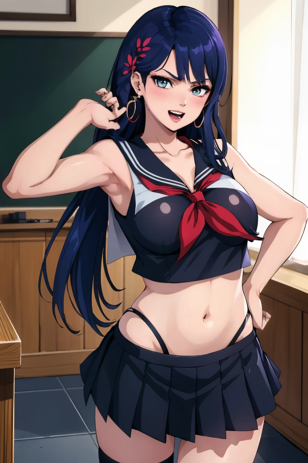 lobelia, 1girl, long hair, large breast, blush, lipstick, jewelry, earrings, Hot girl, baddie, staring, glaring, bad attitude, mean girl, dare, angry, hate, crazy, smoking, sensual, attractive , blush, lipstick, masterpiece, best quality, highly detailed, a anime girls in sailor uniforms with a gun posing for a picture,
evil smile, smile, open mouth,black_serafuku, ecchi anime style, anime girls ,
ecchi style, ecchi, shipgirls, digital anime art!!, high school girls, holding a gun, hold a gun, anime style 4
k, micro skirt, exposed belly, exposed navel, exposed midriff,
exposed lower belly,school, classroom