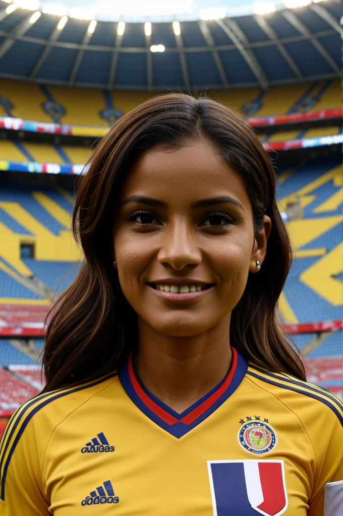 Brown-backed woman with bob hair wearing the Colombian national team shirt with the name Leidy inside a soccer stadium