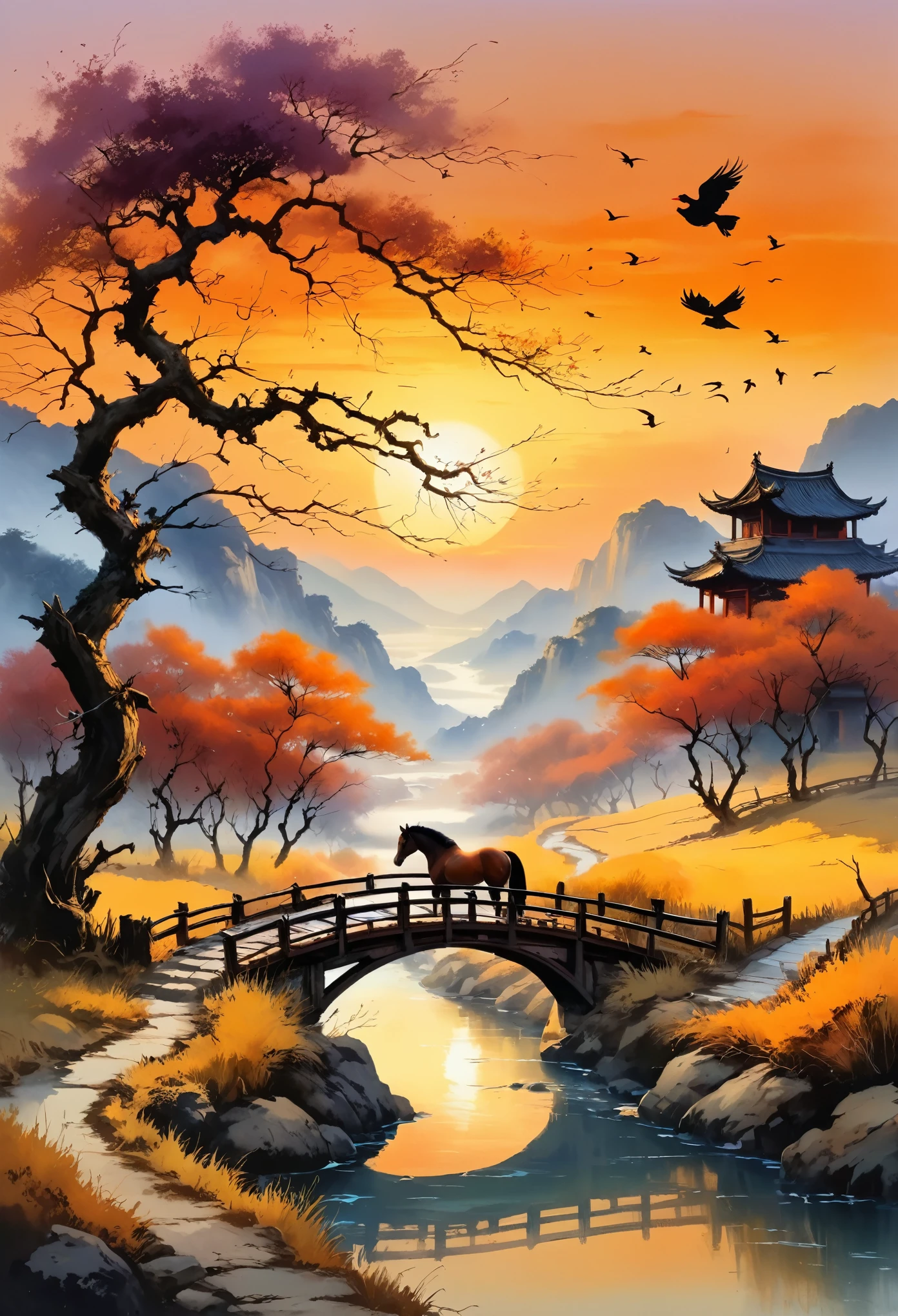 A masterpiece, high quality, 8k resolution, Chinese painting, withered vines, elderly ((trees)), sunset ((crows)) freely cawing, ((a small bridge)), flowing water, (((a humble abode))), (a horse:1.6), the cold west wind blows ((an ancient road)), sunset, my heart aches with anger,