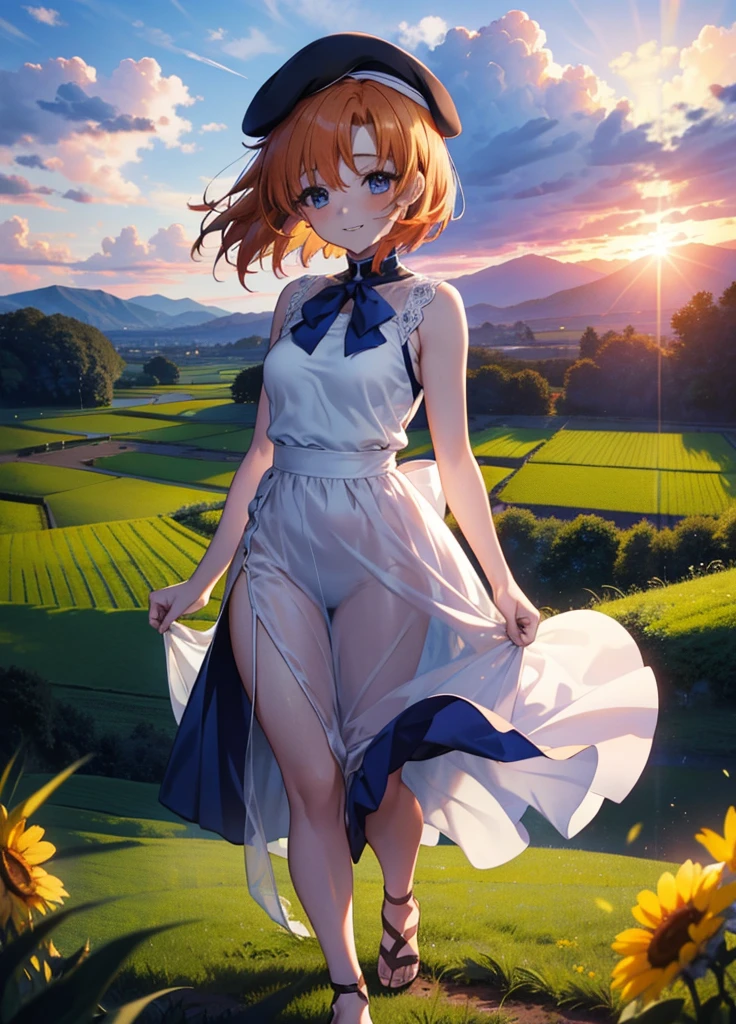 kidney, Rena Ryuuguu, Orange Hair, short hair, blue eyes, smile, blush,Grin,(Small breasts:1.2),beret,Sleeveless dress,Long skirt,Heeled Sandals,morning,morning陽,The sun is rising,Paddy field,walking,whole bodyがイラストに入る,
壊す looking at viewer,whole body,
Destroy outdoors, Destroy the countryside (masterpiece:1.2), Highest quality, High resolution, unity 8k wallpaper, (shape:0.8), (Beautiful attention to detail:1.6), Highly detailed face, Perfect lighting, Extremely detailed CG, (Perfect hands, Perfect Anatomy),