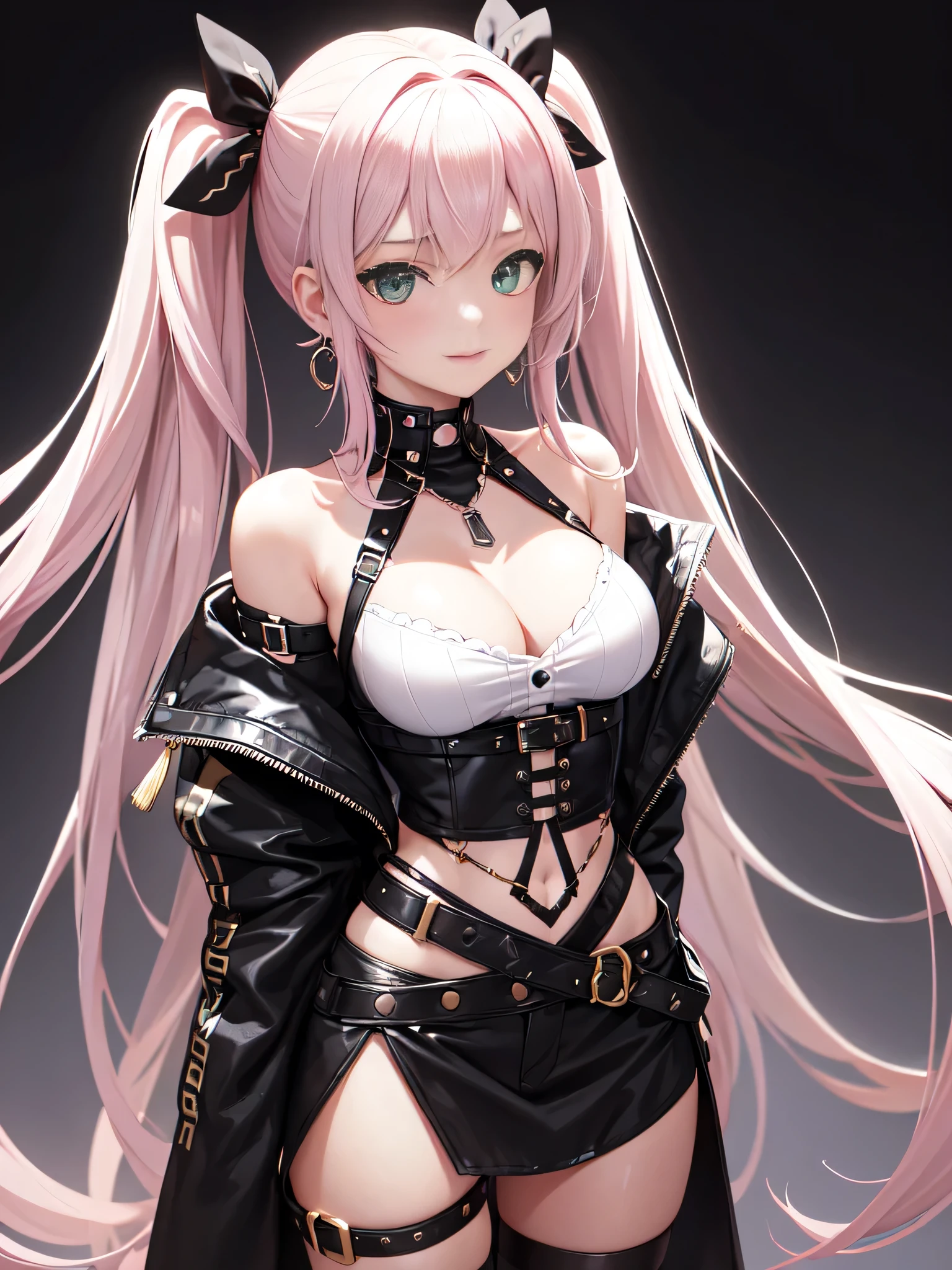 (all intricate details, 1 girl view, Zenless Zone Zero style, Nicole Demara):"Create a highly detailed character design featuring a young, vibrant girl with long, wavy pastel pink hair that reaches her waist. The hair is divided into two large sections tied with shiny black bows at the top of her head. Loose strands form wide, soft waves that frame her face and shoulders. A few small loose strands fall near her face, with a pair of black hairpins on the left side. Her face is youthful and lively, with a playful smile and a wink in her left eye. She has large, vibrant green eyes with a bright, enthusiastic sparkle and long, well-defined eyelashes. She wears small yellow earrings and a necklace with a heart-shaped pendant resting at the base of her collarbone. She is dressed in a short black jacket that leaves her shoulders bare, adorned with metallic details such as buckles and buttons, and white cuffs. Underneath, she wears a white crop top that ends just above her navel, featuring a black graphic design. Her outfit includes multiple belts and straps around her waist, some connected to her lower clothing, with metallic buckles. The character exudes a punk-rebellious style with kawaii touches, set in a futuristic or urban fantasy world. The background should be neutral or slightly futuristic to highlight the character."