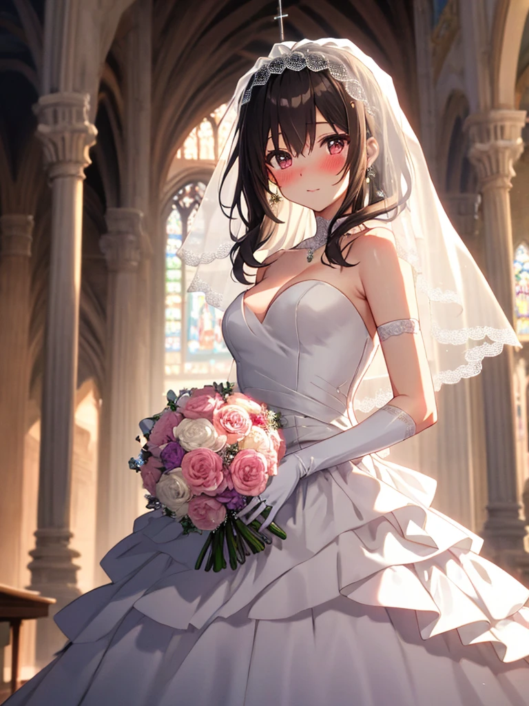 めぐみん, wedding dress, bridal gauntlets, bridal veil, wedding ring, bouquet, blush, small breasts, church, UHD, retina, masterpiece, ccurate, anatomically correct, textured skin, super detail, high details, high quality, best quality, highres, 4K