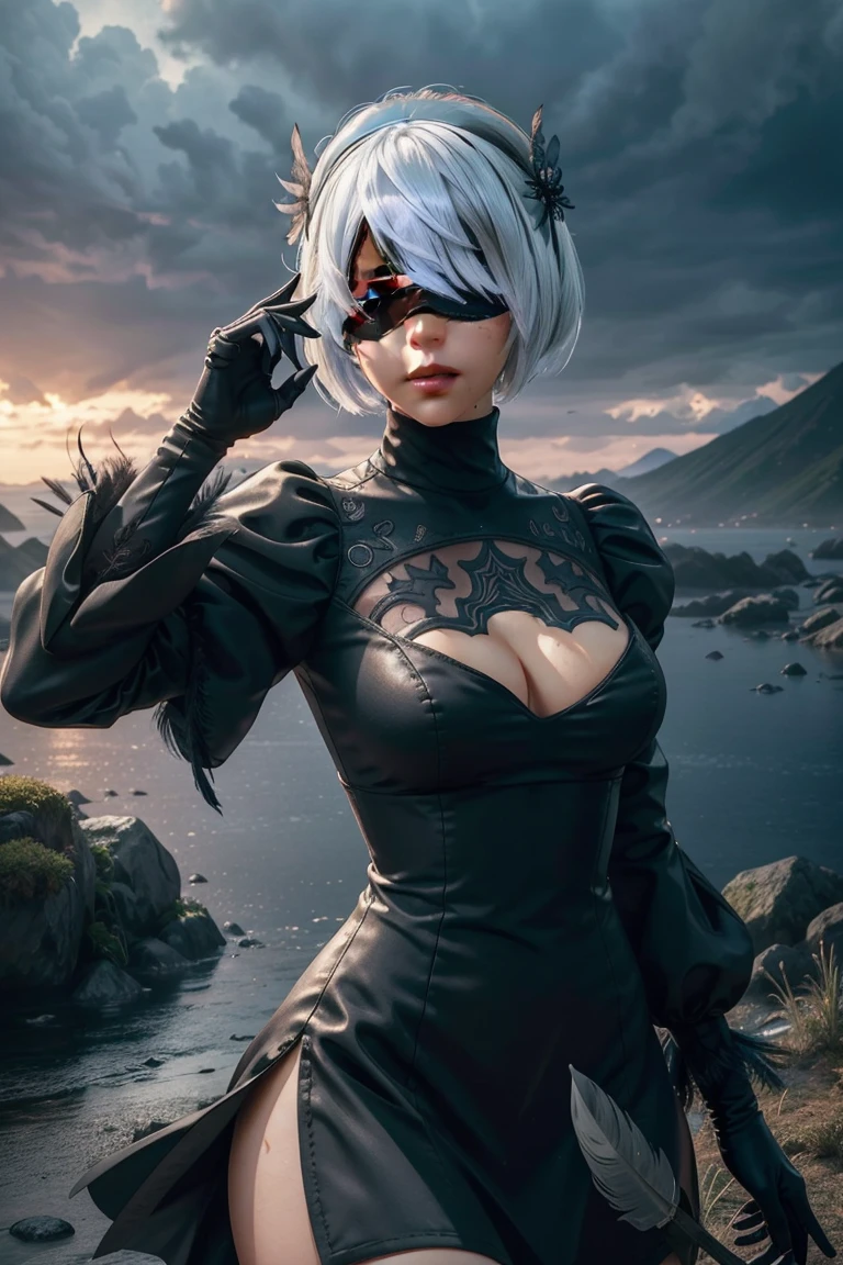 2B Nier Automata,Bobcut, Gray Hair,Long sleeve, Juliet Sleeve, White gloves, turtleneck, bangs, Feather ornament, Feather ornament sleeves, Blindfold, Black Goth Dress,Japanese Ultra HD,super high quality,masterpiece,Digital SLR,Photorealistic,Detailed details,Vivid details,Depicted in detail,A detailed face,Detailed details,Super Detail,Realistic skin texture,Anatomical basis,Perfect Anatomy,Anatomically correct hand,Anatomically correct fingers,Complex 3D rendering,Sexy pose,Rainy Sky,Beautiful scenery,Fantastic rainy sky,Fantasy worldview,Picturesque,Pink Lips,Black butterfly々Fluttering,