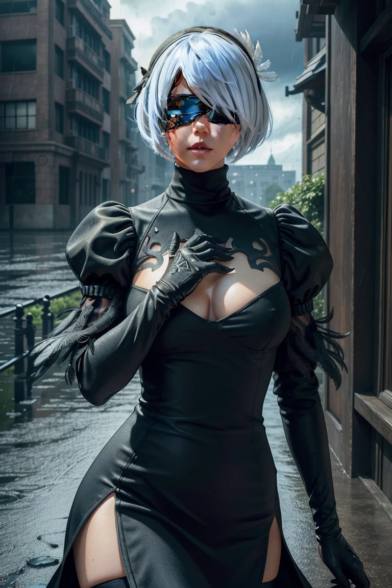 2B Nier Automata,Bobcut, Gray Hair,Long sleeve, Juliet Sleeve, White gloves, turtleneck, bangs, Feather ornament, Feather ornament sleeves, Blindfold, Black Goth Dress,Japanese Ultra HD,super high quality,masterpiece,Digital SLR,Photorealistic,Detailed details,Vivid details,Depicted in detail,A detailed face,Detailed details,Super Detail,Realistic skin texture,Anatomical basis,Perfect Anatomy,Anatomically correct hand,Anatomically correct fingers,Complex 3D rendering,Sexy pose,Rainy Sky,Beautiful scenery,Fantastic rainy sky,Fantasy worldview,Picturesque,Pink Lips,Black butterfly々Fluttering,