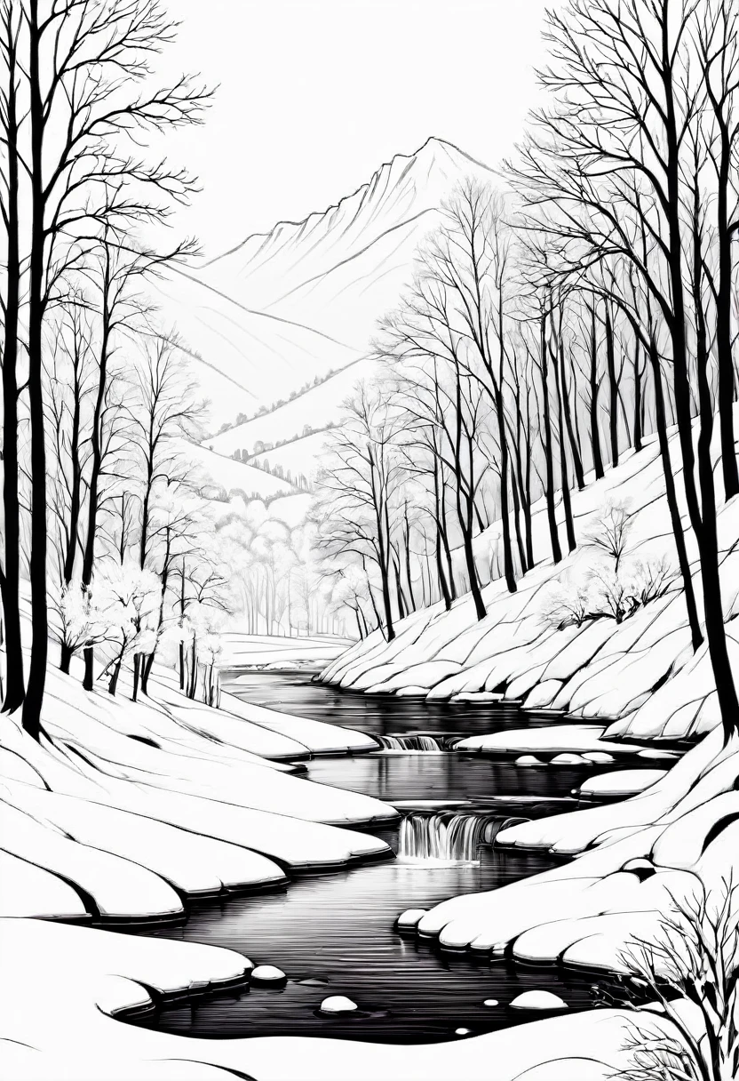 thin line drawing, lineart, fine stroke, landscape inverno, monochromatic, black andwhite. no shadows, no gray color, lineart style