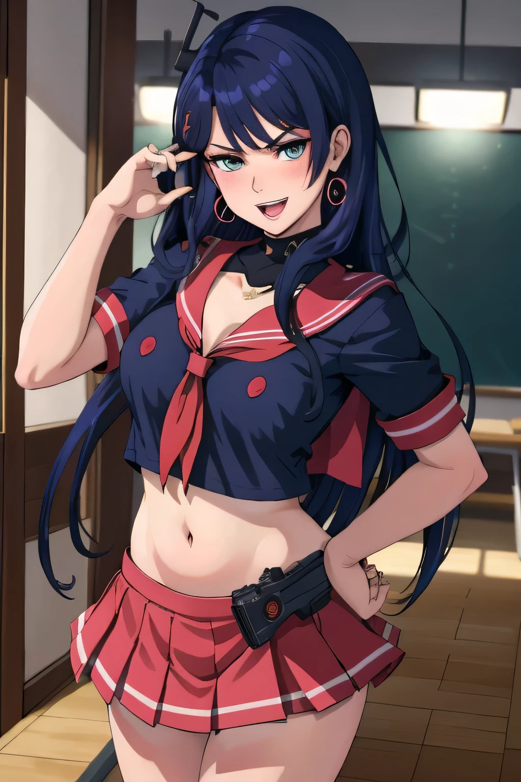 lobelia, 1girl, long hair, large breast, blush, lipstick, jewelry, earrings, Hot girl, baddie, staring, glaring, bad attitude, mean girl, dare, angry, hate, crazy, smoking, sensual, attractive , blush, lipstick, masterpiece, best quality, highly detailed, a anime girls in sailor uniforms with a gun posing for a picture,
evil smile, smile, open mouth,black_serafuku, ecchi anime style, anime girls ,
ecchi style, ecchi, shipgirls, digital anime art!!, high school girls, holding a gun, hold a gun, anime style 4
k, micro skirt, exposed belly, exposed navel, exposed midriff,
exposed lower belly,school, classroom