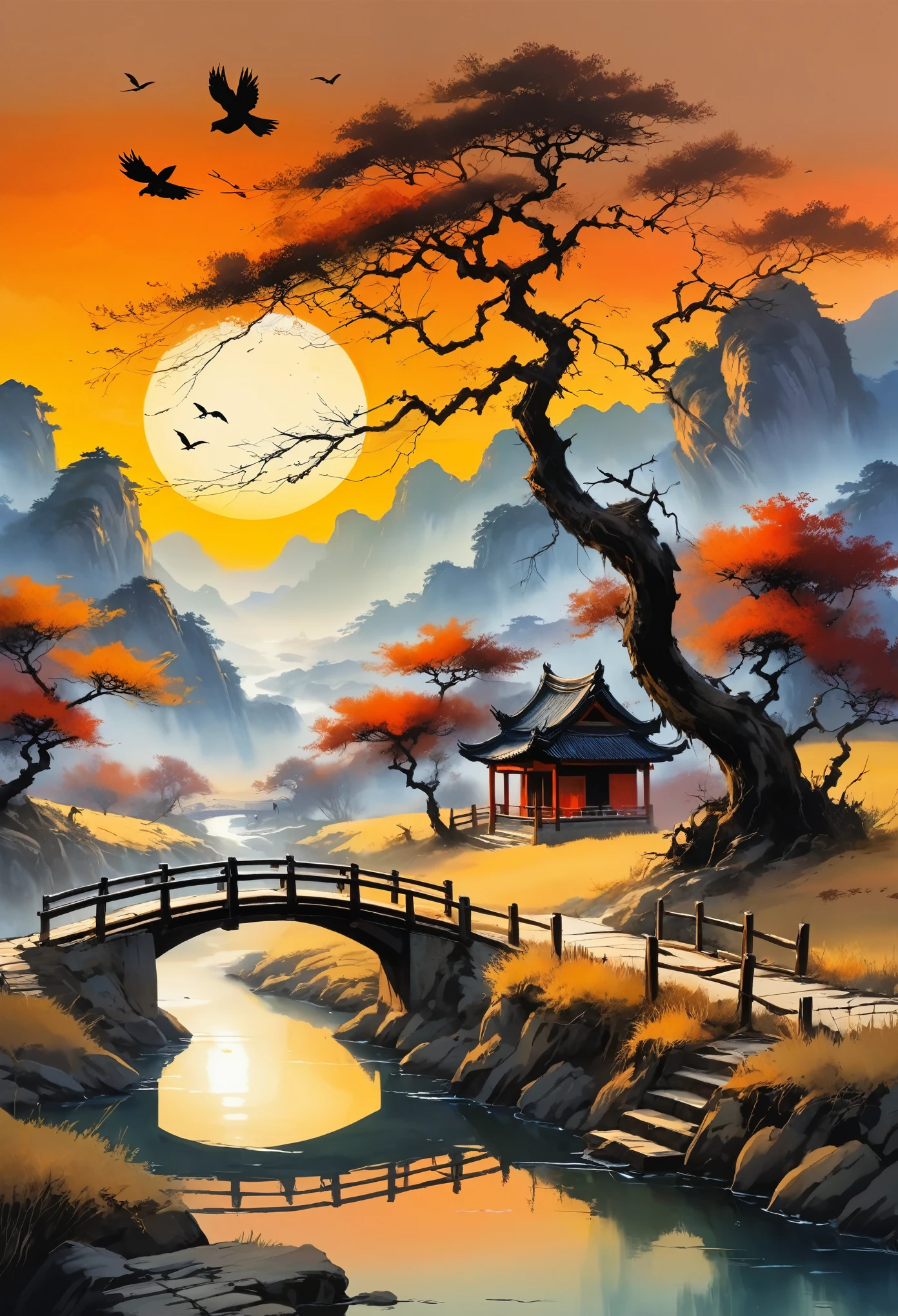 A masterpiece, high quality, 8k resolution, Chinese painting, withered vines, elderly ((trees)), sunset ((crows)) freely cawing, ((a small bridge)), flowing water, (((a humble abode))), (a horse:1.6), the cold west wind blows ((an ancient road)), sunset, my heart aches with  anger, 