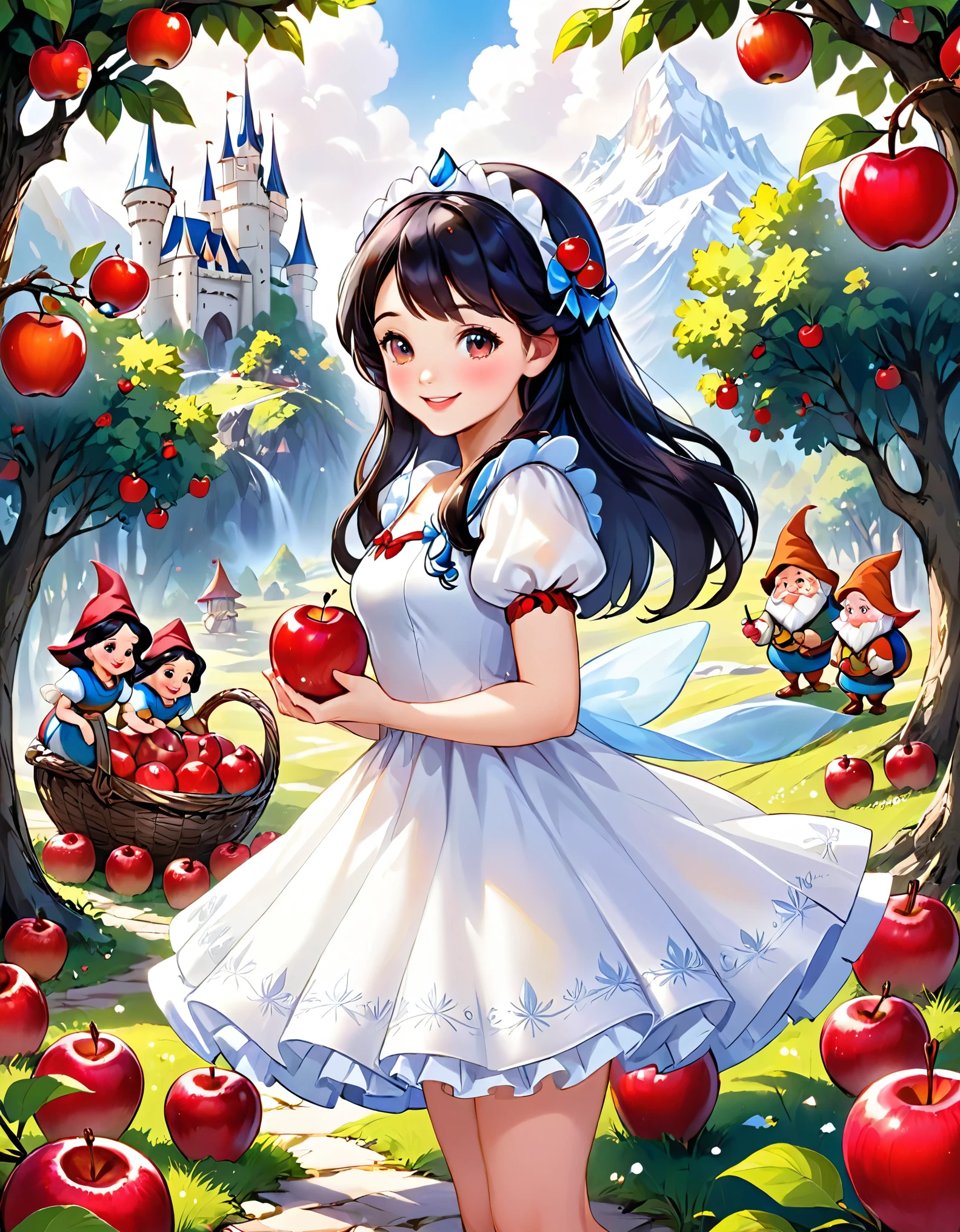 fairy tale snow white A cute beautiful girl wearing a cute white dress Adorable smile Have red apples Cute seven dwarfs