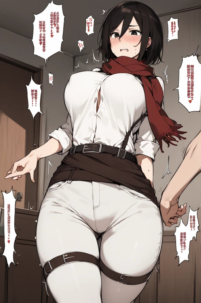 masterpiece, best quality, highres, hmmikasa, short hair, black eyes, scarf, belt, thigh strap, red scarf, white pants, white shirt, standing, cowboy shot,,big breasts,sweating,(trembling,grobbing breasts:1.2)