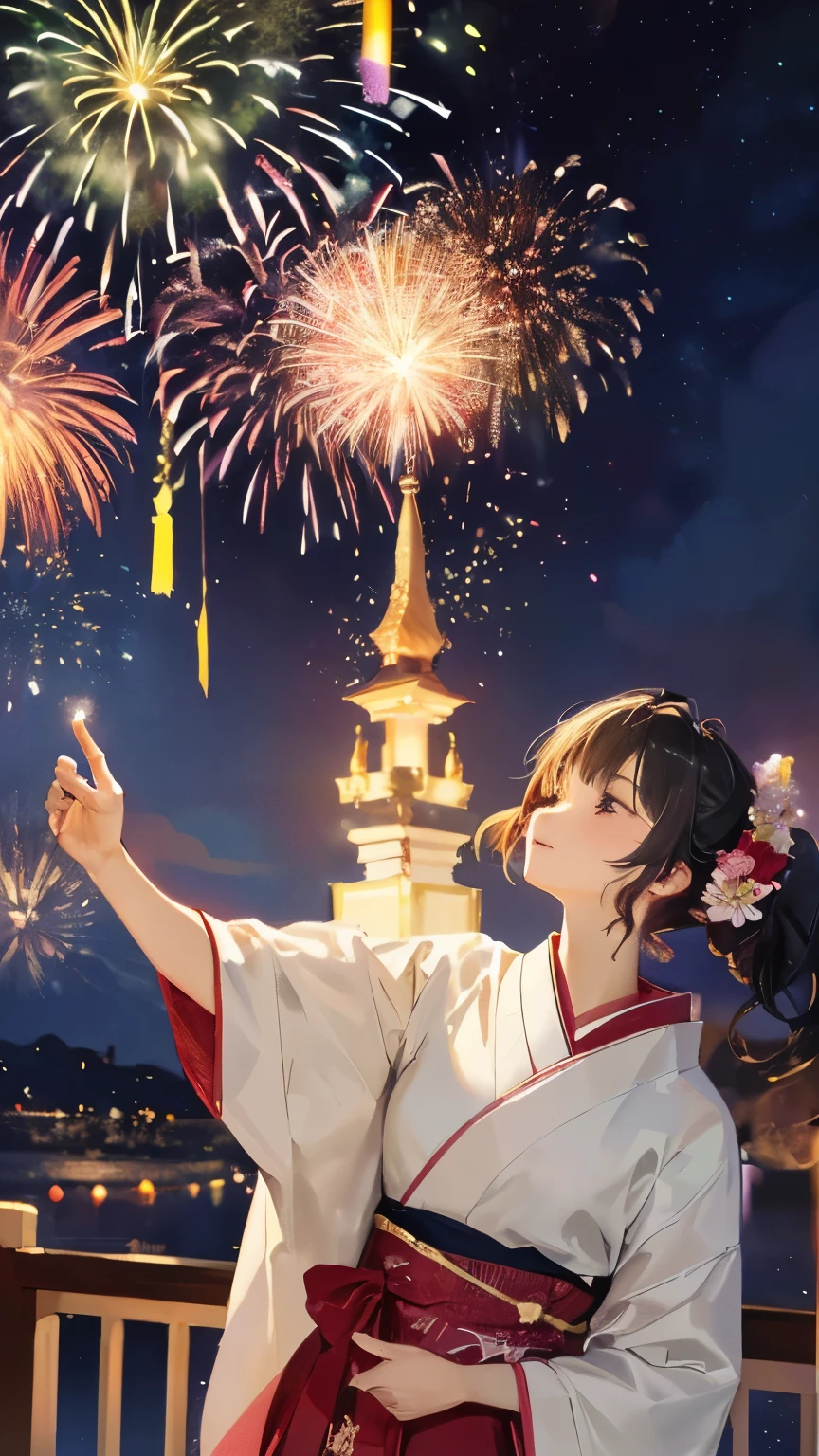 (((Simple configuration)))、Fireworks are the main thing、Long Shot、One Girl、Perfect Anatomy、絵のようにbeautiful、sketch、Very delicate、Cloud-like wall、、Floral、Delicate depiction、Abstract、Bright colors overall、Gentle color、kimono、Taisho romance、(masterpiece、Highest quality、Highest quality、Official Art、beautiful, beautiful:1.2)、BREAK、Night Time、Fireworks in the sky、beautiful花火、Large fireworks blooming at night