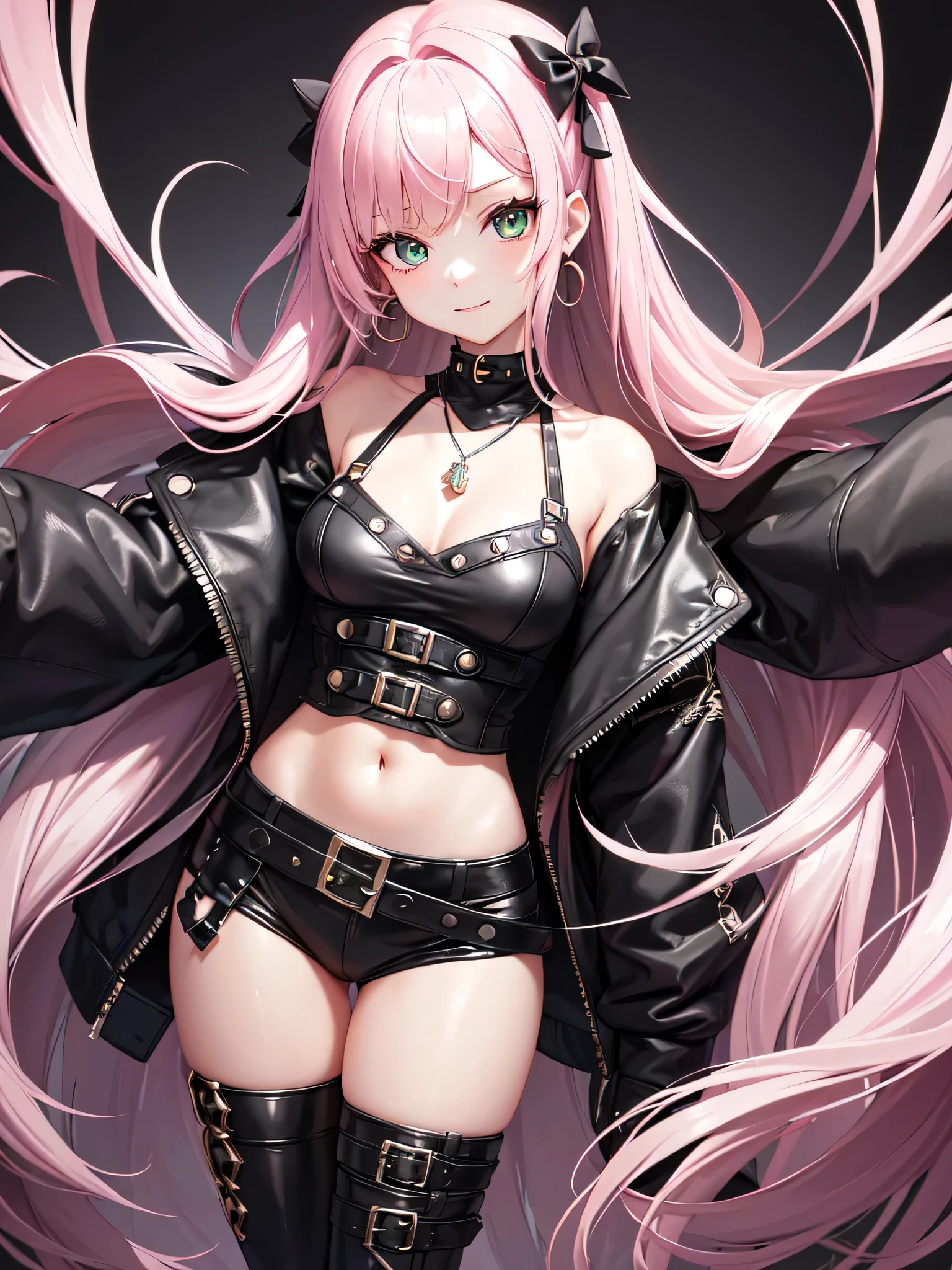 (all intricate details, 1 girl view, Zenless Zone Zero style, Nicole Demara): "Create a highly detailed character design featuring a young, vibrant girl with long, wavy pastel pink hair that reaches her waist. The hair is divided into two large sections tied with shiny black bows at the top of her head. Loose strands form wide, soft waves that frame her face and shoulders. Small loose strands fall near her face, with a pair of black hairpins on the left side. Her face is youthful and lively, with a playful smile and a wink in her left eye. She has large, vibrant green eyes with a bright, enthusiastic sparkle and long, well-defined eyelashes. She wears small yellow earrings and a necklace with a heart-shaped pendant resting at the base of her collarbone. She is dressed in a short black jacket that leaves her shoulders bare, adorned with metallic details such as buckles and buttons, and white cuffs. Underneath, she wears a white crop top that ends just above her navel, featuring a black graphic design. Her outfit includes multiple belts and straps around her waist, some connected to her lower clothing, with metallic buckles. The character exudes a punk-rebellious style with kawaii touches, set in a futuristic or urban fantasy world. The background should be neutral or slightly futuristic to highlight the character."