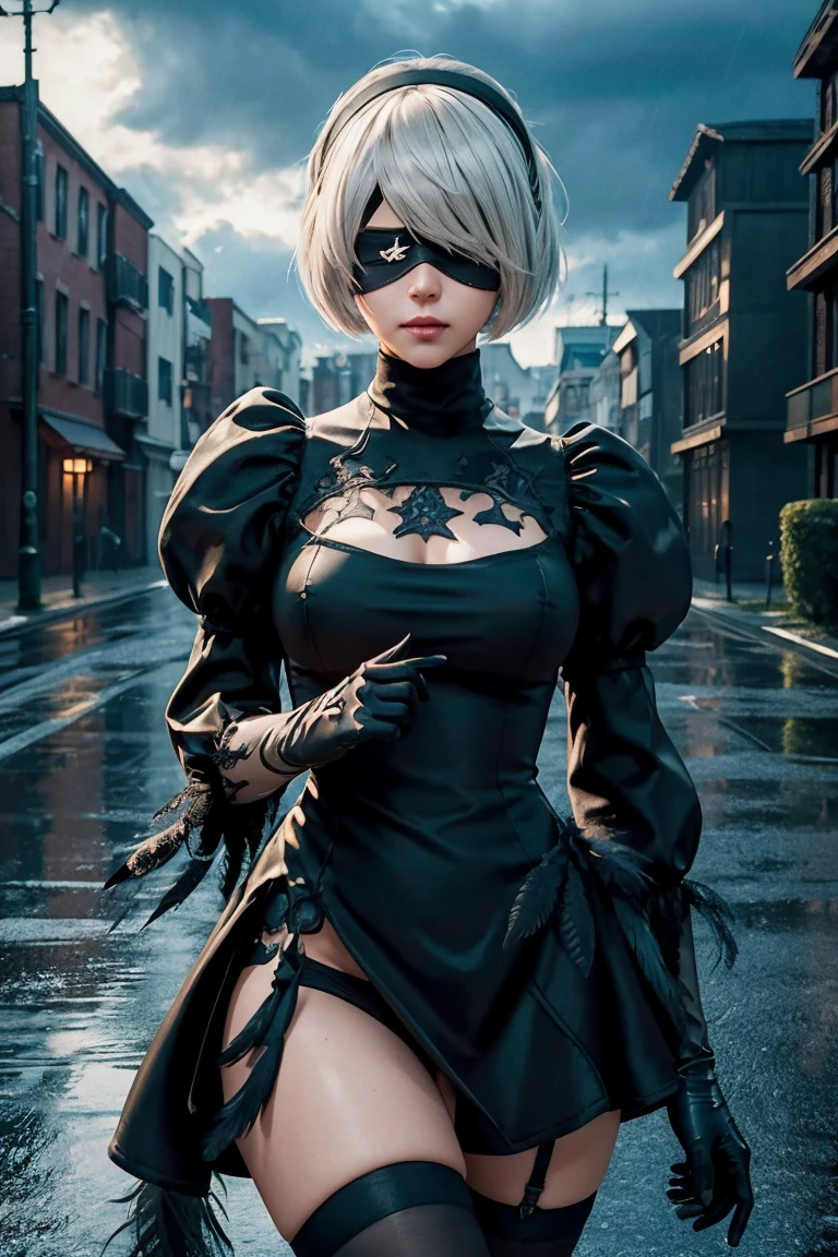 2B Nier Automata,Bobcut, Gray Hair,Long sleeve, Juliet Sleeve, White gloves, turtleneck, bangs, Feather ornament, Feather ornament sleeves, Blindfold, Black Goth Dress,Japanese Ultra HD,super high quality,masterpiece,Digital SLR,Photorealistic,Detailed details,Vivid details,Depicted in detail,A detailed face,Detailed details,Super Detail,Realistic skin texture,Anatomical basis,Perfect ???????,Anatomically correct hand,Anatomically correct fingers,Complex 3D rendering,Sexy pose,Rainy Sky,Beautiful scenery,Fantastic rainy sky,Fantasy worldview,Picturesque,Pink Lips,Black butterfly々Fluttering,