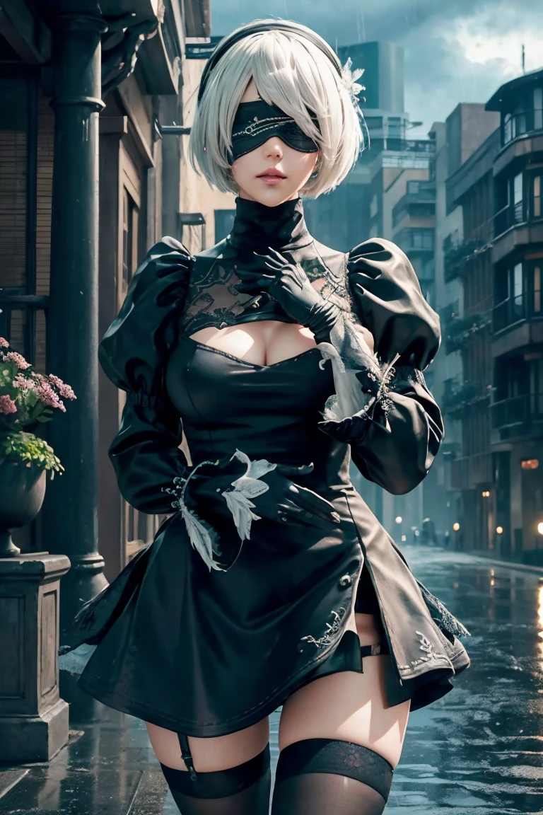 2B Nier Automata,Bobcut, Gray Hair,Long sleeve, Juliet Sleeve, White gloves, turtleneck, bangs, Feather ornament, Feather ornament sleeves, Blindfold, Black Goth Dress,Japanese Ultra HD,super high quality,masterpiece,Digital SLR,Photorealistic,Detailed details,Vivid details,Depicted in detail,A detailed face,Detailed details,Super Detail,Realistic skin texture,Anatomical basis,Perfect Anatomy,Anatomically correct hand,Anatomically correct fingers,Complex 3D rendering,Sexy pose,Rainy Sky,Beautiful scenery,Fantastic rainy sky,Fantasy worldview,Picturesque,Pink Lips,Black butterfly々Fluttering,