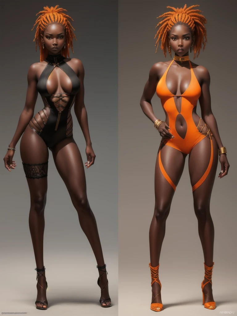 ((best quality)), ((4k)), ((highres)), ((masterpiece:1.2)). ((detailed)), ((ultra realistic)), ((intricate details)), ((full body picture)), ((solo character)), a full body picture of a beautifull Ebony skinned female, black woman, dark skin, ebony princess, ebony model, perfect face, detailed eyes, detailed lips, about 25 years old, about 5'7 ft. tall, long thin dreadlocks down to her hips, ((emphasis on her long thin dreadlocks down to her hips)), pretty, feminine woman, toned body but not too muscular looking, hourglass figure, dressed in a skin-tight sleeveless full body orange jumpsuit, ((emphasis on the skin-tight sleeveless full body orange jumpsuit)), gold adornments, showing cleavage, glamorous, strappy lace up high, fighting game character concept art, tekken character design, the king of fighters character concept, full bofy, full body concept art, full body art