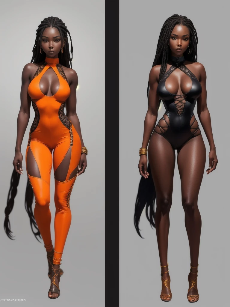 ((best quality)), ((4k)), ((highres)), ((masterpiece:1.2)). ((detailed)), ((ultra realistic)), ((intricate details)), ((full body picture)), ((solo character)), a full body picture of a beautifull Ebony skinned female, black woman, dark skin, ebony princess, ebony model, perfect face, detailed eyes, detailed lips, about 25 years old, about 5'7 ft. tall, long thin dreadlocks down to her hips, ((emphasis on her long thin dreadlocks down to her hips)), pretty, feminine woman, toned body but not too muscular looking, hourglass figure, dressed in a skin-tight sleeveless full body orange jumpsuit, ((emphasis on the skin-tight sleeveless full body orange jumpsuit)), gold adornments, showing , glamorous, strappy lace up high, fighting game character concept art, tekken character design, the king of fighters character concept, full bofy, full body concept art, full body art