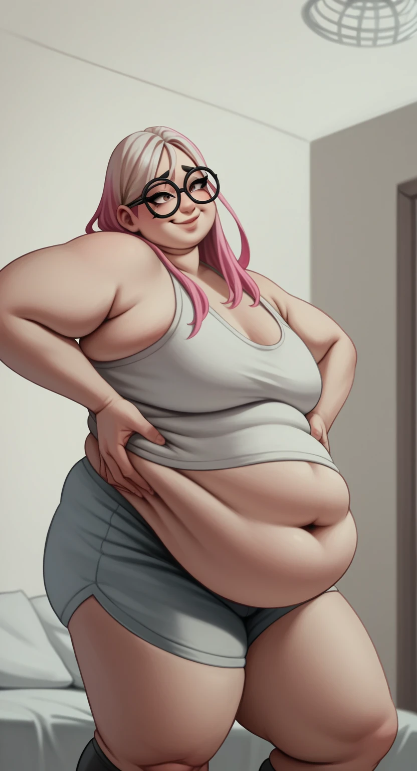 Sunkissed skin all over, Thicc, extremely morbidly obese, pink and white hair, ((wearing)), black 50s glasses, white tanktop, black leggings, voluptuous, feminine boy, femboy, perfect hands, perfect face, smile, (anatomically correct), (Perfect/ realistic proportions:1.2), (overwhelmingly fat arms, obese face), hands grabbing belly, ((extremely widest hips possible!)), ((extremely massive thick thighs, morbidly large belly), belly overhang!)), (1080P, 4k UHD, Masterpiece:2.1!) ((single)), background: tilted towers_fortnite