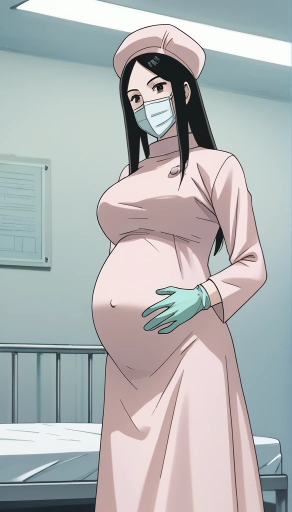 score_9,  score_8_up, score_7_up, source_anime, raw image, masterpiece, highest quality, kasuganoray, pale skin, her eyes are happy, long black hair, big breasts, scrubs, surgical mask, bouffant cap, long sleeve maternity dress, put on another long sleeved coat, seamless, navel head, the dress isn't wrinkled, long white stockings,
1girl, pregnant, solo, long rubber gloves, looking down, furrowed brow, hospital bed, light shines from the ceiling, standing, patient room background, She is inquiring about the patient's condition