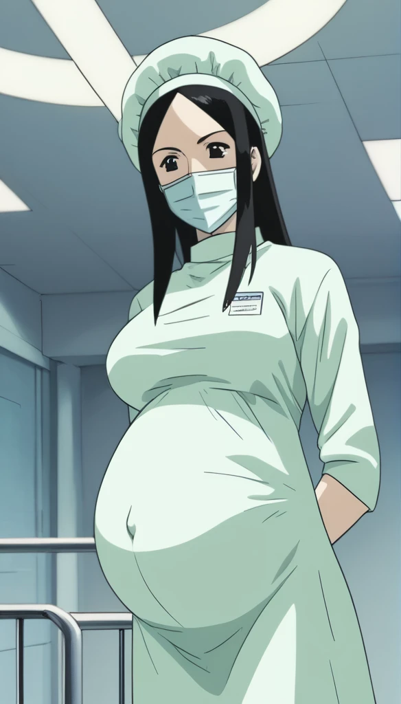 score_9,  score_8_up, score_7_up, source_anime, raw image, masterpiece, highest quality, kasuganoray, pale skin, her eyes are happy, long black hair, big breasts, scrubs, surgical mask, bouffant cap, long sleeve maternity dress, put on another long sleeved coat, seamless, navel head, the dress isn't wrinkled, long white stockings,
1girl, pregnant, solo, long rubber gloves, looking down, furrowed brow, hospital bed, light shines from the ceiling, standing, patient room background, She is inquiring about the patient's condition