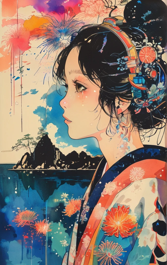 Microphotography, Anime girl made of glass in kimono silhouette, vibrant rainbow river, fireworks in night sky, colorful coral reefs, detailed illustration, Ukiyo-e style