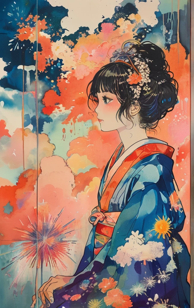Microphotography, Anime girl made of glass in kimono silhouette, vibrant rainbow river, fireworks in night sky, colorful coral reefs, detailed illustration, Ukiyo-e style