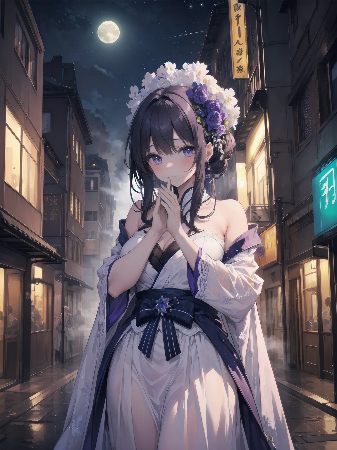 masterpiece, 8K, Highest quality, Very detailed, Purple & A beautiful girl in a blue magical robe with a moon motif、Close-up on the characters、(building, city、A dense fog of fluorescent particles、１８００Era、Western style、Fiction、grow、Overwhelming、Detailed street）、A pretty woman with a beautiful background and a lovely pose