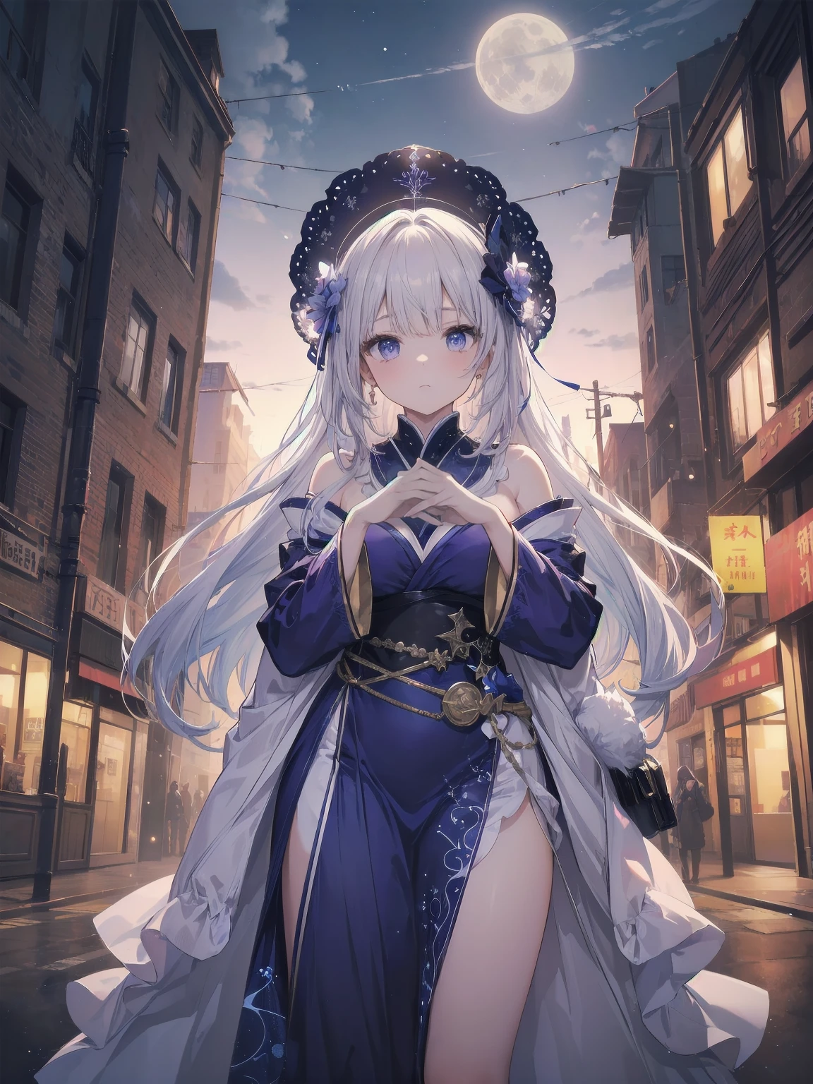 masterpiece, 8K, Highest quality, Very detailed, Purple & A beautiful girl in a blue magical robe with a moon motif、Close-up on the characters、(building, city、A dense fog of fluorescent particles、1800Era、Western style、Fiction、grow、Overwhelming、Detailed street)、A pretty woman with a beautiful background and a lovely pose