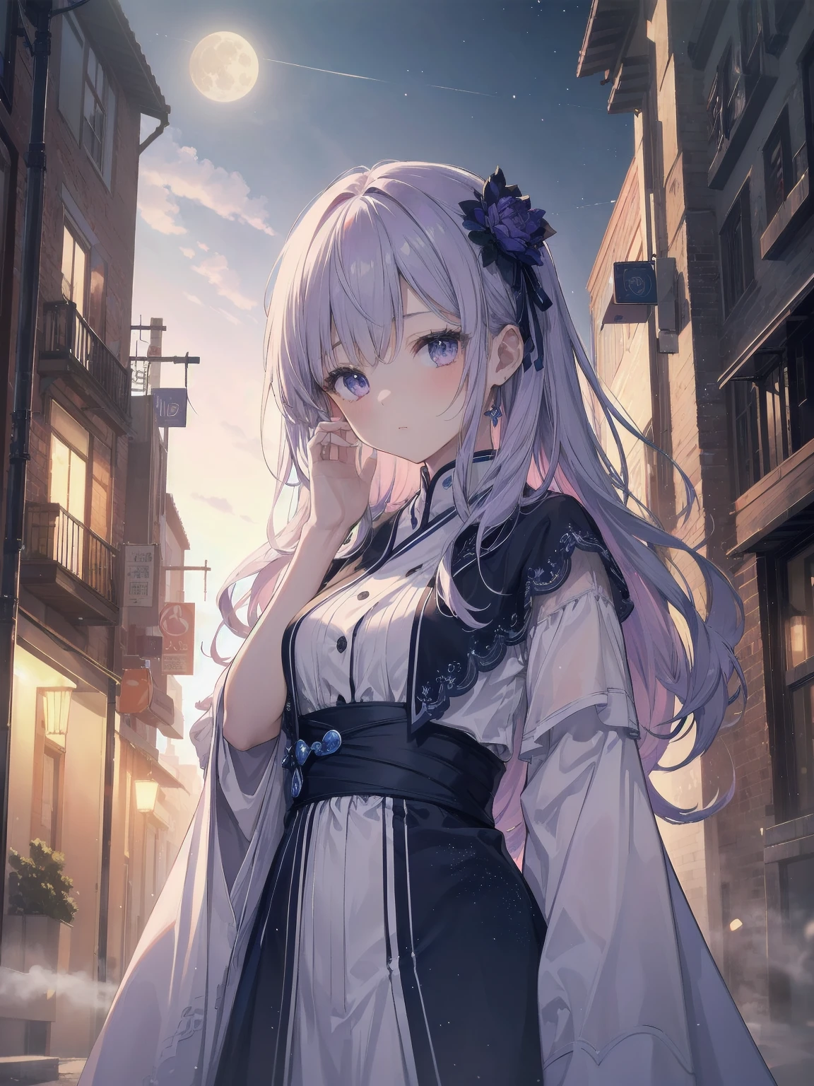 masterpiece, 8K, Highest quality, Very detailed, Purple & A beautiful girl in a blue magical robe with a moon motif、Close-up on the characters、(building, city、A dense fog of fluorescent particles、1800Era、Western style、Fiction、grow、Overwhelming、Detailed street)、A pretty woman with a beautiful background and a lovely pose
