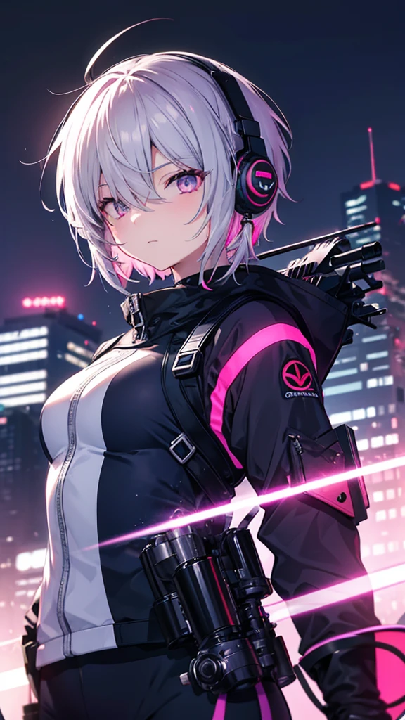((Gray Hair Short Hair sniper rifle Close one eye),((Crow night Red full moon)),(rooftop Drop shoulder Sailor suit Shiny Earrings Neon Pink Neon Blue purple), Jetpack Sweat A tense look Also々funny Face Headphones
