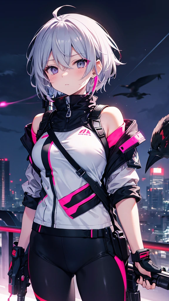 ((Gray Hair　Short Hair　sniper rifle　Close one eye)，((Crow　night　Red full moon))，(rooftop　Drop shoulder　Sailor suit　Shiny Earrings　Neon Pink　Neon Blue　purple)，　Jetpack　Sweat　A tense look　Also々funny Face　Headphones