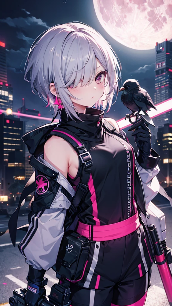 ((Gray Hair Short Hair sniper rifle Close one eye),((Crow night Red full moon)),(rooftop Drop shoulder Sailor suit Shiny Earrings Neon Pink Neon Blue purple), Jetpack Sweat A tense look Also々funny Face Headphones