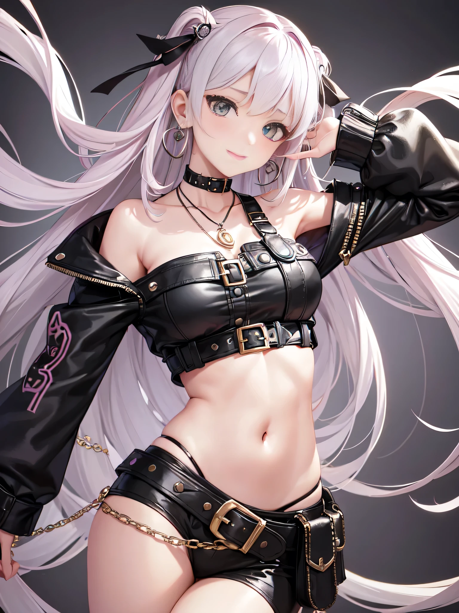 (all intricate details, 1 girl view, Zenless Zone Zero style, Nicole Demara): "Create a highly detailed character design featuring a young, vibrant girl with long, wavy pastel pink hair that reaches her waist. The hair is divided into two large sections tied with shiny black bows at the top of her head. Loose strands form wide, soft waves that frame her face and shoulders. Small loose strands fall near her face, with a pair of black hairpins on the left side. Her face is youthful and lively, with a playful smile and a wink in her left eye. She has large, vibrant green eyes with a bright, enthusiastic sparkle and long, well-defined eyelashes. She wears small yellow earrings and a necklace with a heart-shaped pendant resting at the base of her collarbone. She is dressed in a short black jacket that leaves her shoulders bare, adorned with metallic details such as buckles and buttons, and white cuffs. Underneath, she wears a white crop top that ends just above her navel, featuring a black graphic design. Her outfit includes multiple belts and straps around her waist, some connected to her lower clothing, with metallic buckles. The character exudes a punk-rebellious style with kawaii touches, set in a futuristic or urban fantasy world. The background should be neutral or slightly futuristic to highlight the character."