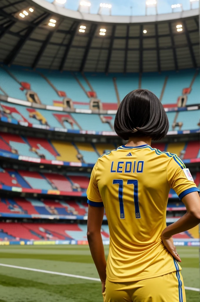 Woman turning her back with her hair in a bob wearing the Colombian national team shirt with the name Leidy inside a soccer stadium