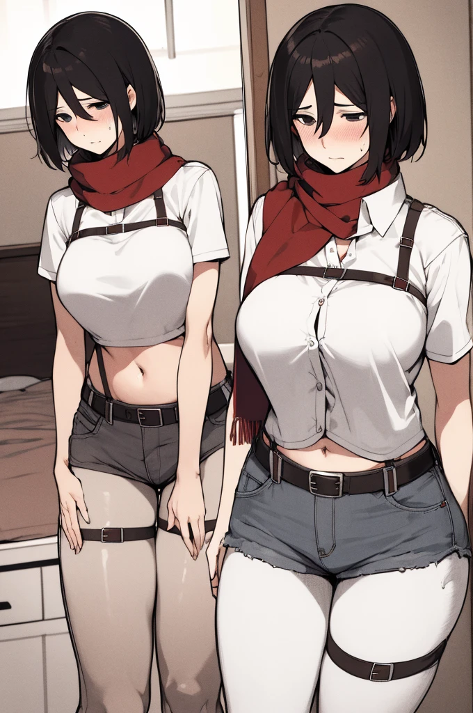 masterpiece, best quality, highres, hmmikasa, short hair, black eyes, scarf, belt, thigh strap, red scarf, white pants, white shirt, standing, cowboy shot,,big breasts,sweating,(trembling:1.2),denim shorts,camisole,navel