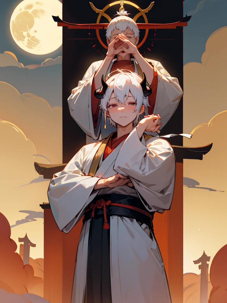 Buddha, horns, white short hair, black armor, torii gate, man, full moon, hands together in prayer, third eye