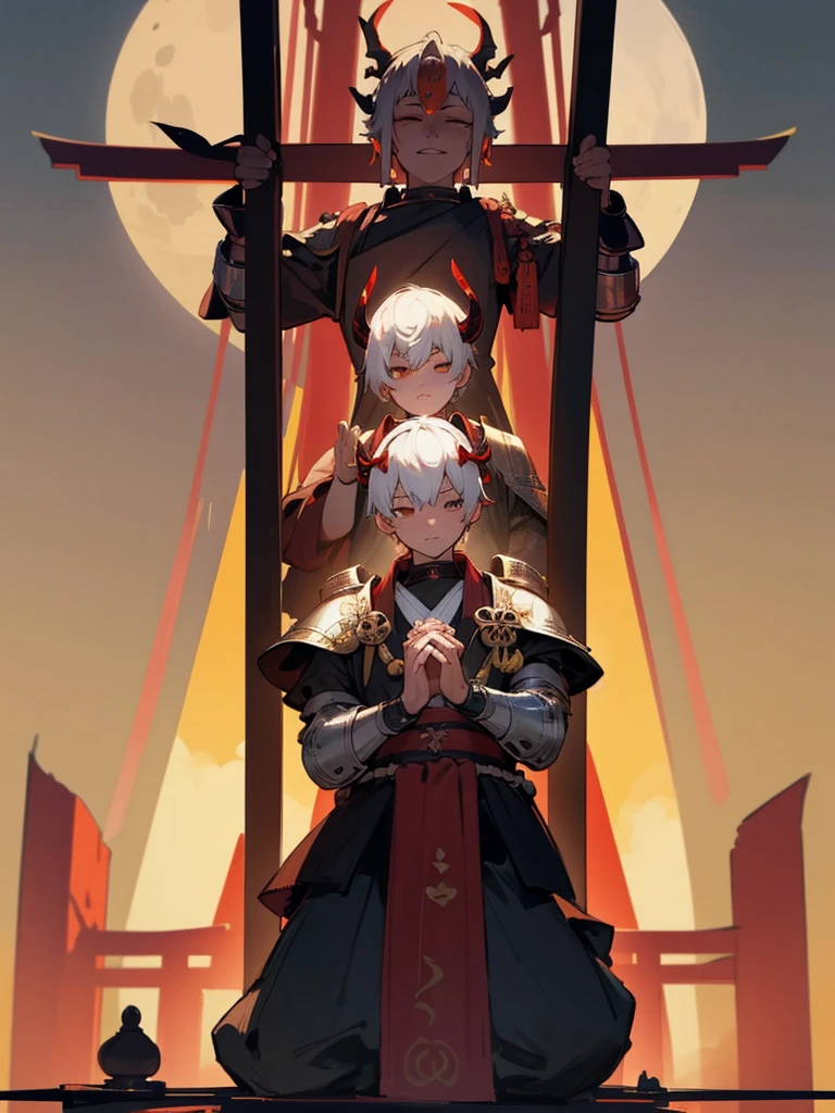 Buddha, horns, white short hair, black armor, torii gate, man, full moon, hands together in prayer, third eye