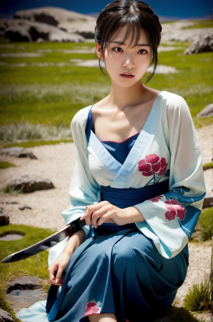 (Realistic:1.3), In detail, quality, Rembrandt Lighting, (masterpiece:1.2), (photoRealistic:1.2), (best quality), (Detailed skin:1.3), (Intricate details), dramatic, Ray Tracing, One girl, Japanese Girls, 21 years old, Detailed skin texture, (blush:0.5), (It gives me goosebumps:0.5), tered beneath the surface, stare, anger, Serious expression, Medium chest, Updo, bangs, Hair between the eyes, kimono, kimono, Floral print, Half-squat, Action pose, (Sword Drawing Technique:1.1), (night, night sky, Wide々Grassland, full moon),  