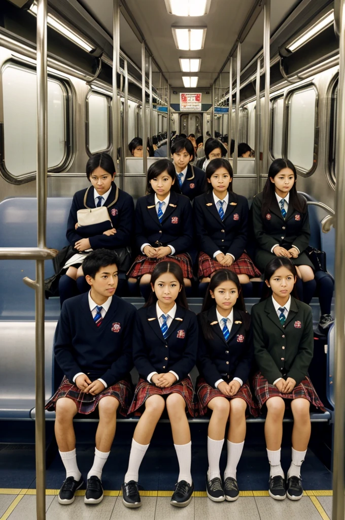 show the whole body, feet in sight, 3 Japanese students, plaid skirts, polo shirts, school jackets, shackles, subway car full of people, Sitting legs crossed
