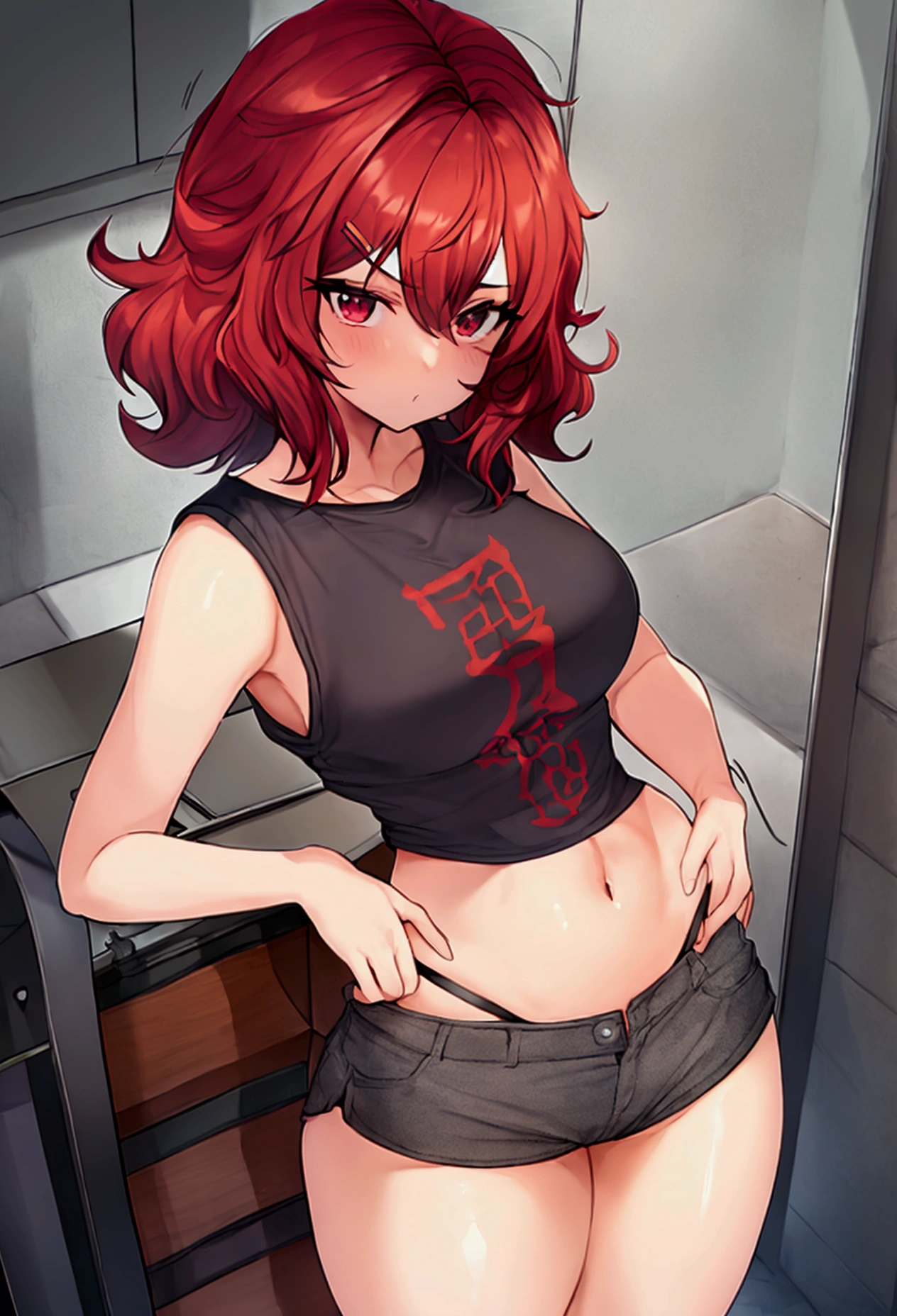 short, redheadwear, big hair that reaches the ass and straight, eyes browns, big-ass, Small breasts, wearing very short shorts and a shirt that reaches the chest.