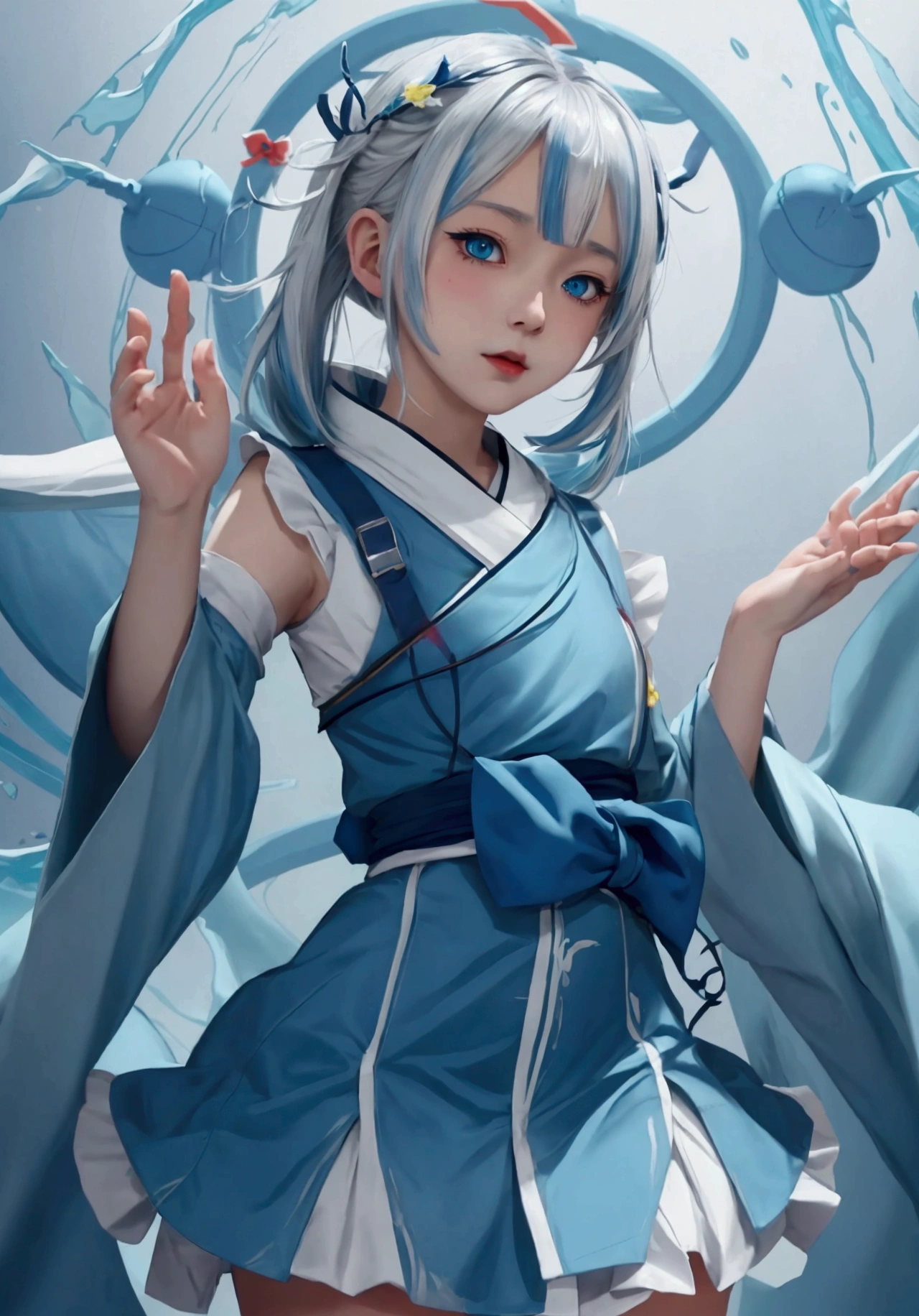 ultra-detailed,highly detailed,best quality,masterpiece,illustration, 
 anime girl with blue eyes and white hair in a blue outfit, shirabii, splash art anime , kantai collection style, shikamimi, rem rezero, from touhou, top rated on pixiv, cirno touhou, small curvy , ahegao, anime moe artstyle, clean detailed anime art, pixiv daily ranking