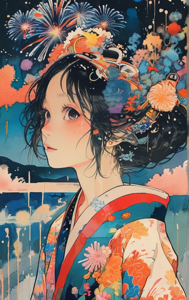 Microphotography, Anime girl made of glass in kimono silhouette, vibrant rainbow river, fireworks in night sky, colorful coral reefs, detailed illustration, Ukiyo-e style