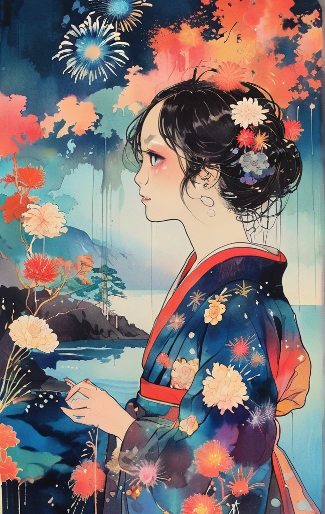 Microphotography, Anime girl made of glass in kimono silhouette, vibrant rainbow river, fireworks in night sky, colorful coral reefs, detailed illustration, Ukiyo-e style