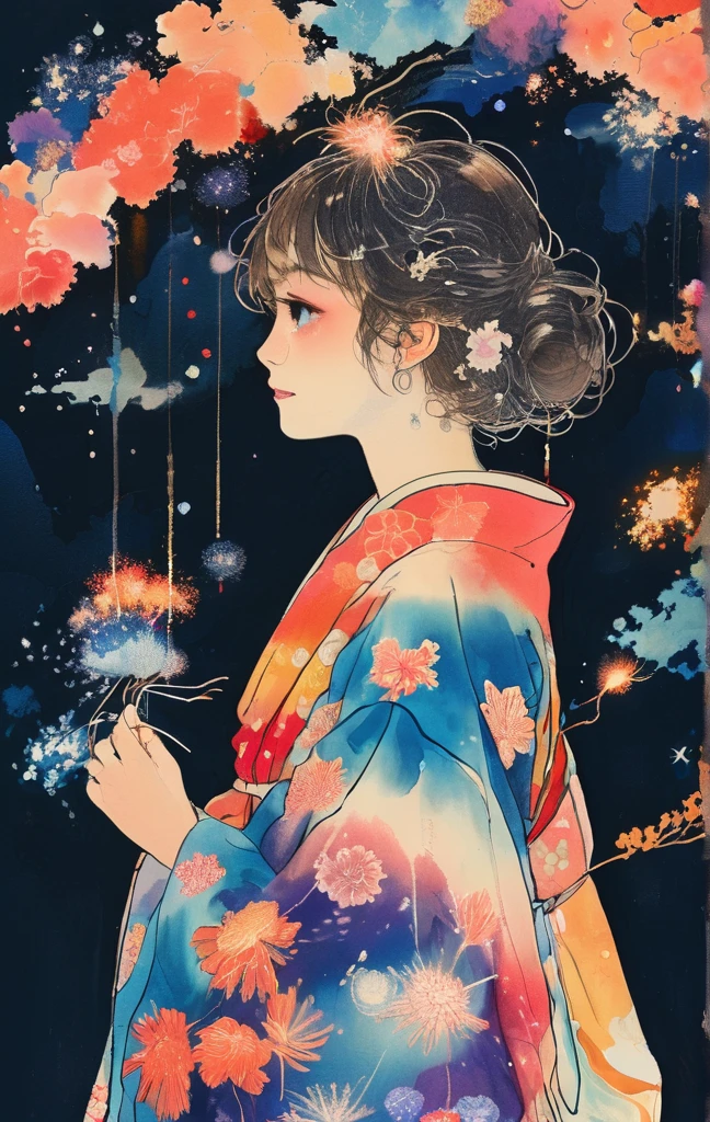 Microphotography, Anime girl made of glass in kimono silhouette, vibrant rainbow river, fireworks in night sky, colorful coral reefs, detailed illustration, Ukiyo-e style